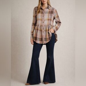 Free People Easy Street Plaid Tunic Button Down Top Cotton XS